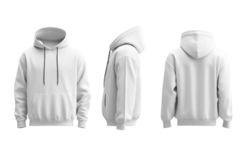 white hoodies are shown in a row, with the hoods up