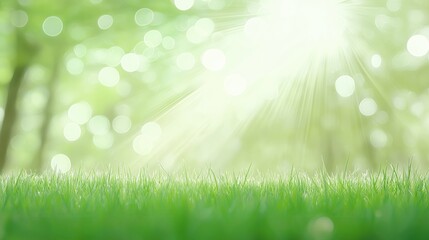 Obraz premium Sunlit bokeh over green grass in a lush forest environment