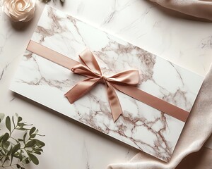 Elegant marble-textured gift certificate with rose gold accents, sophisticated typography, clean design lines