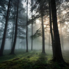 Obraz premium Discover the haunting charm of a dark forest blanketed in fog, where the trees whisper ancient tales and the air is heavy with anticipation