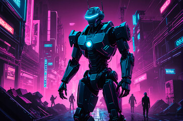 Fototapeta premium Robot police, illustration, neon aesthetics, neo-noir, cyberpunk. Generative AI. 