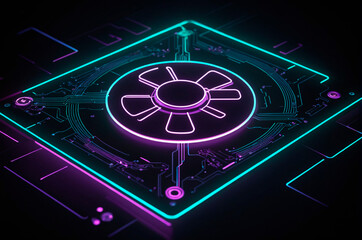 Nuclear reactor on a computer chip, illustration, neon aesthetics, neo-noir, cyberpunk. Generative AI.