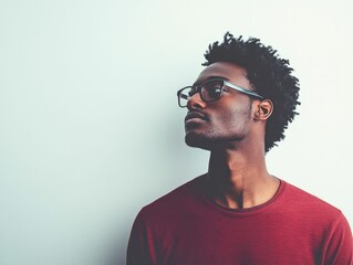 Obraz premium Introspective Portrait of a Young African American Man Deeply Lost in Thought Gazing Pensively Through a Window with Soft Lighting and Isolated on a White Background