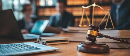 A gavel, scales of justice, and books on a wooden table with blurred images of lawyers working in the background.
