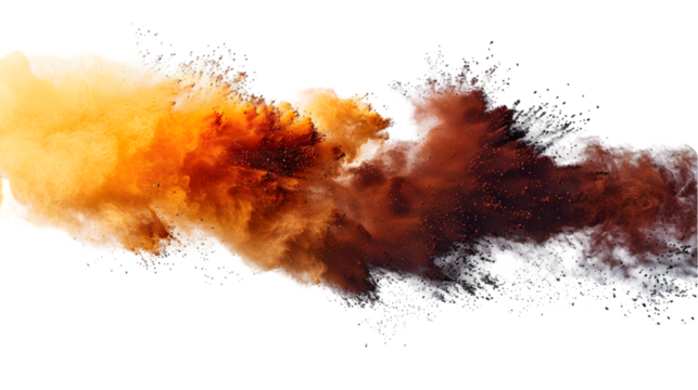DarkRed, Brown, Yellow colours powder exploding isolated on a transparent background