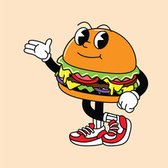 Burger retro mascot with hand and foot. Retro vintage mascot cartoon stickers with funny comic characters and gloved hands.