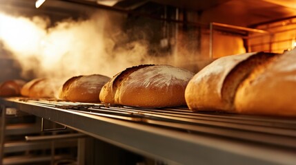 Close-up view of loaves of bread baking in a large industrial oven, with visible steam and mechanical precision as the bread moves through different stages of baking in a professional production line.