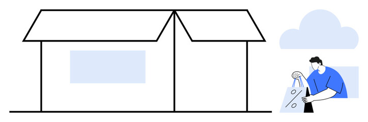 Obraz premium Person in blue holding a shopping bag near a house with clear sky background. Ideal for e-commerce, online shopping, home delivery, digital retail, customer satisfaction, contactless service, modern