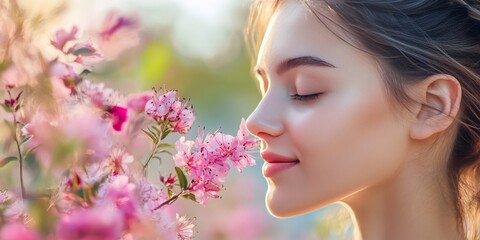 Naklejka premium Beautiful girl enjoying the fragrance of flowers against an isolated background, capturing the essence of beauty and nature in a serene moment. The beautiful girl connects with the flowers.