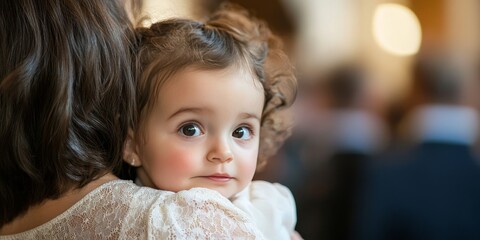 Baptism ceremony featuring a girl held in her mother s arms, capturing the tender moment during the baptism in a church setting. The girl s expression reflects joy and sacred appreciation of the day.