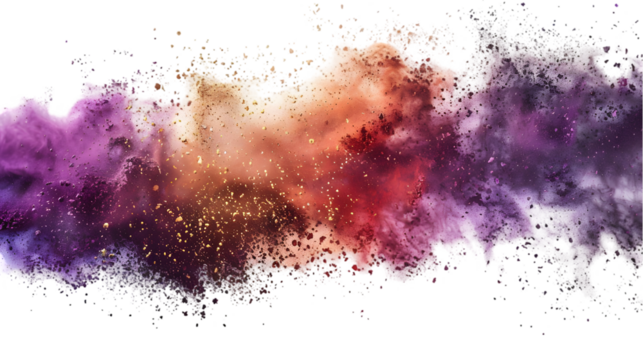 DarkRed, Purple, Gold colours powder exploding isolated on a transparent background