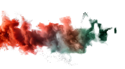 DarkRed, Red, Green colours powder exploding isolated on a transparent background