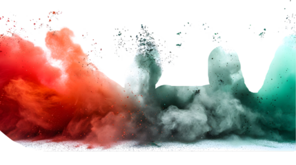 DarkRed, Red, Green colours powder exploding isolated on a transparent background