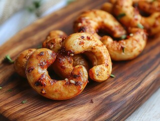 Deliciously roasted cashew nuts coated in spices, served on a wooden platter, perfect for snacking or sharing.