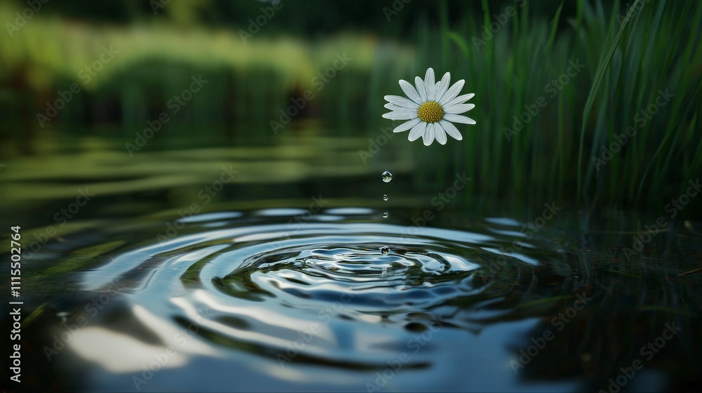 Poster exploring serene nature close-up of water droplet impact and pond ripples in a calm atmospheric scen