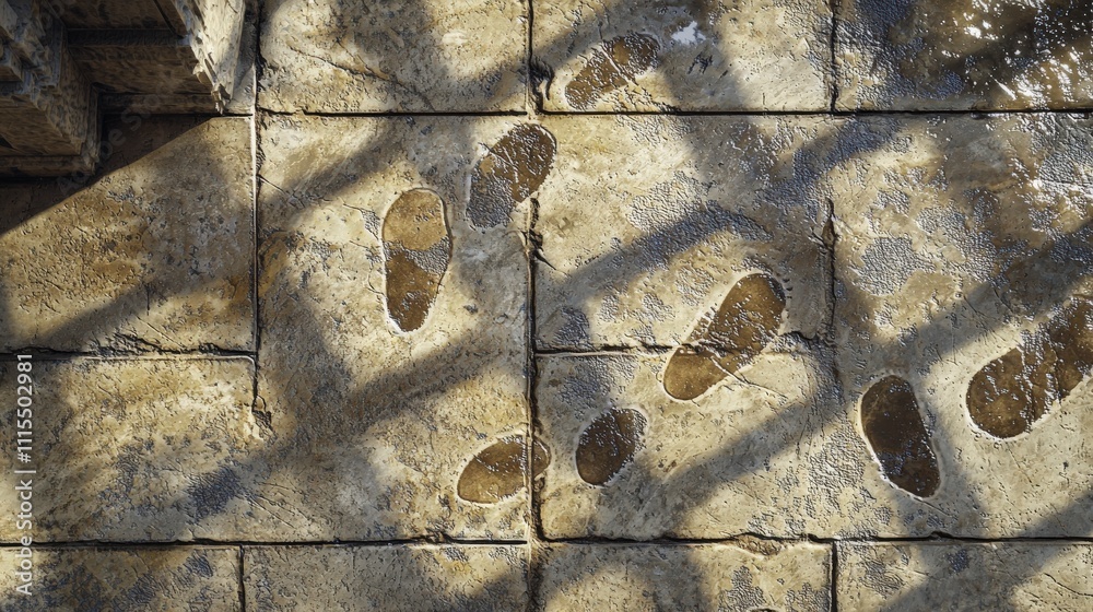 Poster intricate wet footprints creating patterns urban pathway photography sunlit environment bird's eye v