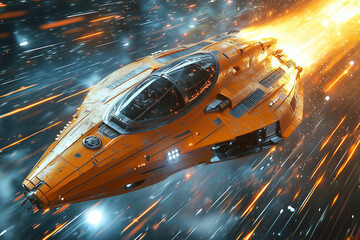 vibrant yellow interceptor spaceship zooms through space with intense speed, illuminated by starlight