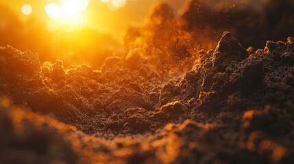 Golden sunrise over sculpted tea powder landscape nature scene closeup view artistic exploration tranquil environment
