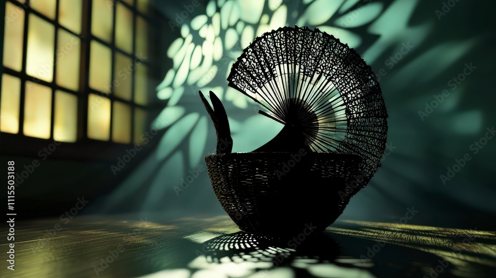 Poster artistic play of light and shadow from a black fan studio photography dim light close-up visual aest