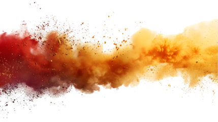 DarkRed, Yellow, Golden colours powder exploding isolated on a transparent background