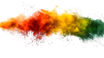 DarkRed, Yellow, Green colours powder exploding isolated on a transparent background.