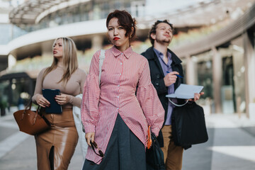 Fototapeta premium A diverse business team standing confidently outdoors, suggesting a professional atmosphere and teamwork. The group showcases multicultural collaboration and modern business styles.