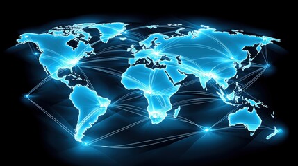 A glowing digital map of the world, connected by lines, representing global communication and interconnectedness.