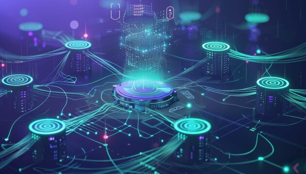 Futuristic digital network with interconnected nodes and data flow.