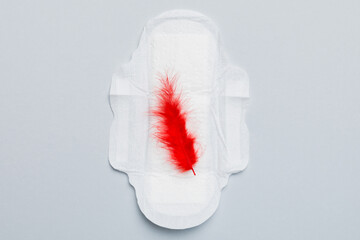 Women hygiene products or Sanitary pad with red feather on colored background. Pastel color....