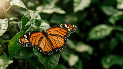 Obraz premium A vibrant orange butterfly perched on green leaves, showcasing its intricate patterns in a natural setting.