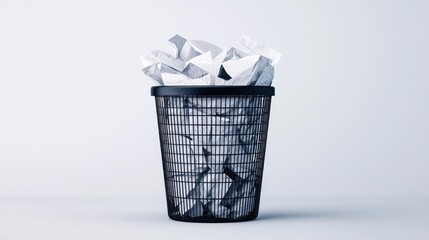 A black wire wastebasket filled with crumpled paper sits against a plain background, symbolizing waste and decluttering.