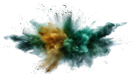 Grey, Green, Gold colours powder exploding isolated on a transparent background
