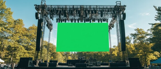 Outdoor concert rigging stage with green blank screen with sound system and lighting beams hanging, background wallpaper AI generated image