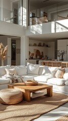 Fototapeta premium Sunlit Modern Living Room With Neutral Decor And Comfortable Seating