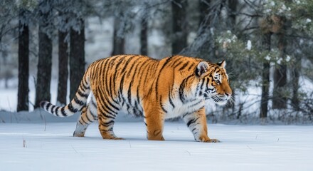 Obraz premium Majestic tiger in snowy forest habitat showcasing wildlife and natural beauty
