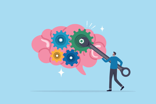 Brain intelligence, fix or adjust creativity thinking, wisdom or improve knowledge learning, tune attitude level or idea development concept, man using wrench adjust gear cogwheels in human brain.