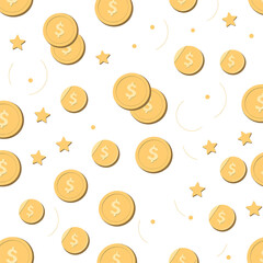 Seamless pattern. Money rain pattern. Falling dollar banknotes with golden coins on white background. Illustration for credit, savings, success, charitable concepts.
