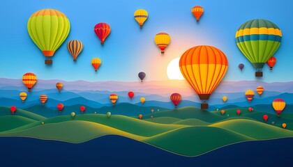 Obraz premium Paper art style illustration of hot air balloons flying over scenic landscape at sunset.