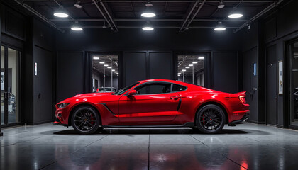 Fototapeta premium Luxury red car in elite showroom with bright spotlights and modern elegant interior