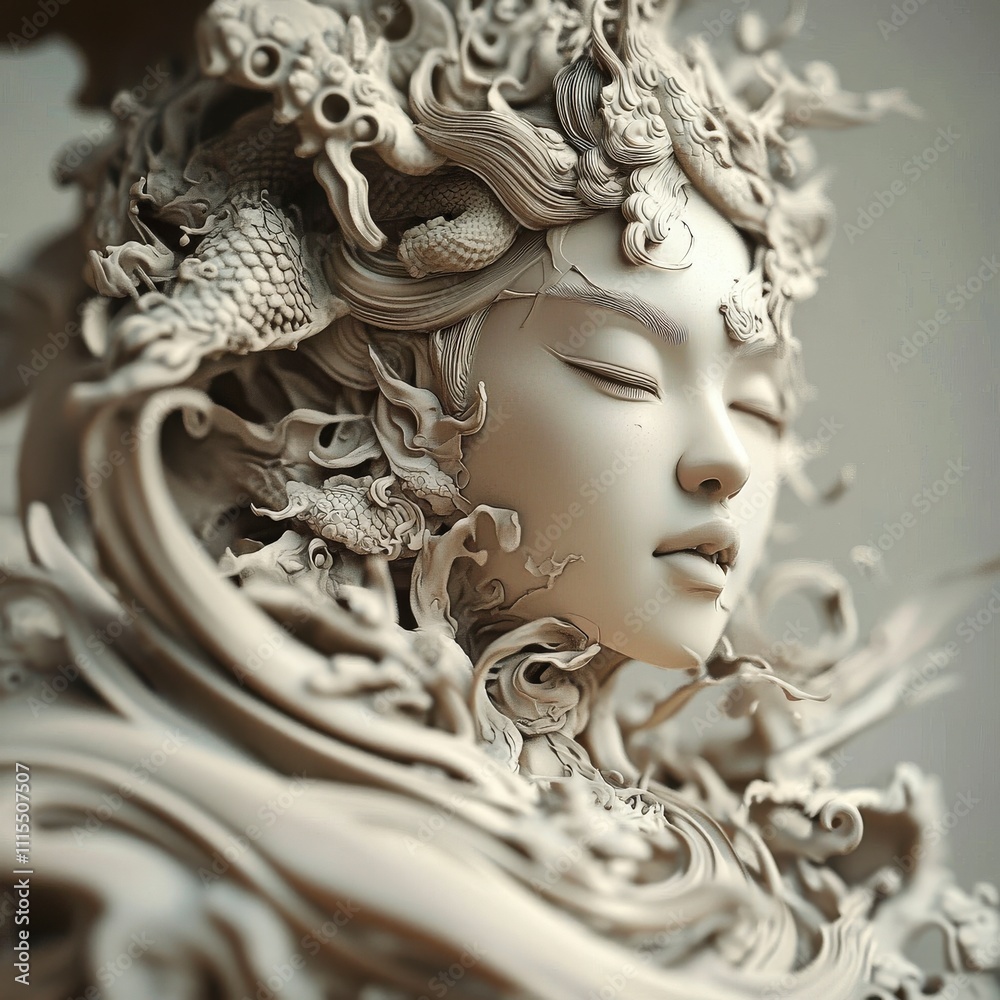 Poster ethereal serenity intricate digital sculpture in a fantasy realm with enchanting atmosphere and symb