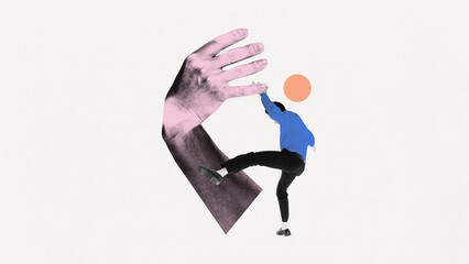 Contemporary art collage. Person actively engaging with huge hand, symbolizing process of overcoming mental health challenges, Concept of psychotherapy, support, mental health, burnout.