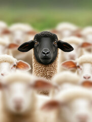 Naklejka premium One Little Black Sheep in a Flock of White Sheep