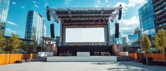 Luxurious modern stage rigging, blank white digital visual screen, sound system speakers, beams spotlights, background AI generated image