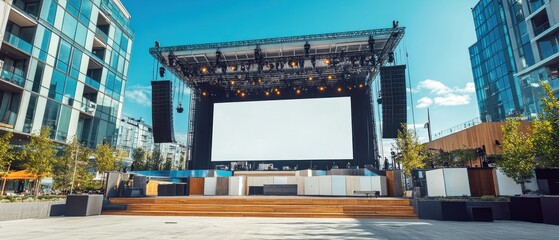 Luxurious modern stage rigging, blank white digital visual screen, sound system speakers, beams spotlights, background AI generated image