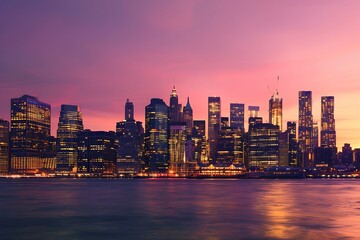 Obraz premium A stunning panoramic view of the Manhattan skyline at twilight. Buildings are illuminated against a vibrant pink and purple sunset sky. The scene is peaceful yet energetic, showcasing the citys beauty