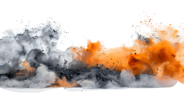 Grey, Orange, Silver colours powder exploding isolated on a transparent background