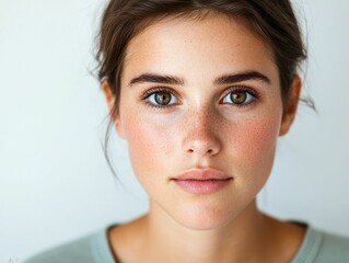 Naklejka premium Intense Emotional Gaze of a Young Woman Conveying Hope and Determination Portrait of a Confident and Determined Female Figure Against a White Backdrop