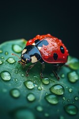 Fototapeta premium Magnificent Ladybug on Dewy Foliage