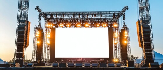 Outdoor concert stage supports blank white screen, sound system, dynamic lighting fixtures, background AI generated image