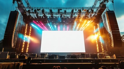 Outdoor concert stage rigging, blank white screen ready for visuals, and sound system, lighting spotlights emit colorful rays background AI generated image